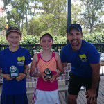 Hot Shots Orange Ball Runners-Up Jasmine Balfour and Lina Mueller with MTC Manager Rob Daley